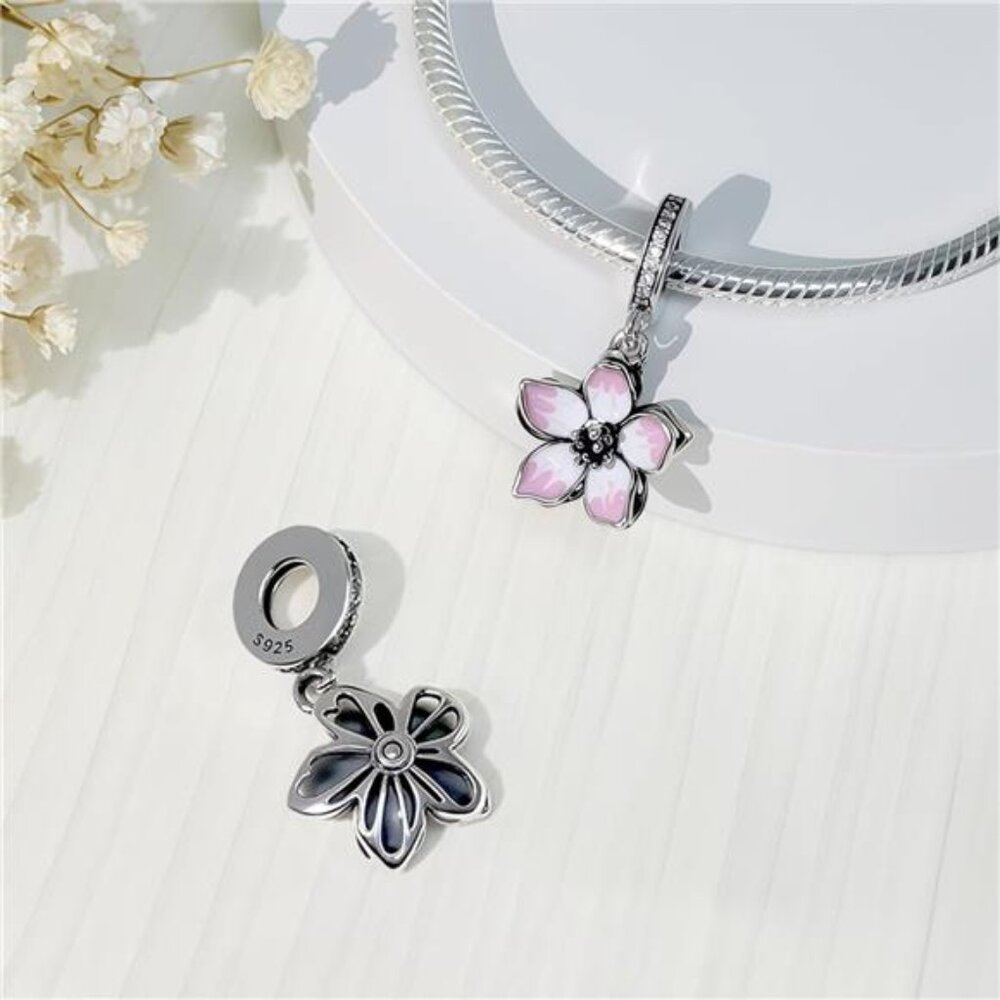 Charms for Pandora Bracelets 925 Sterling Silver Pink Flower - Picture 2 of 4